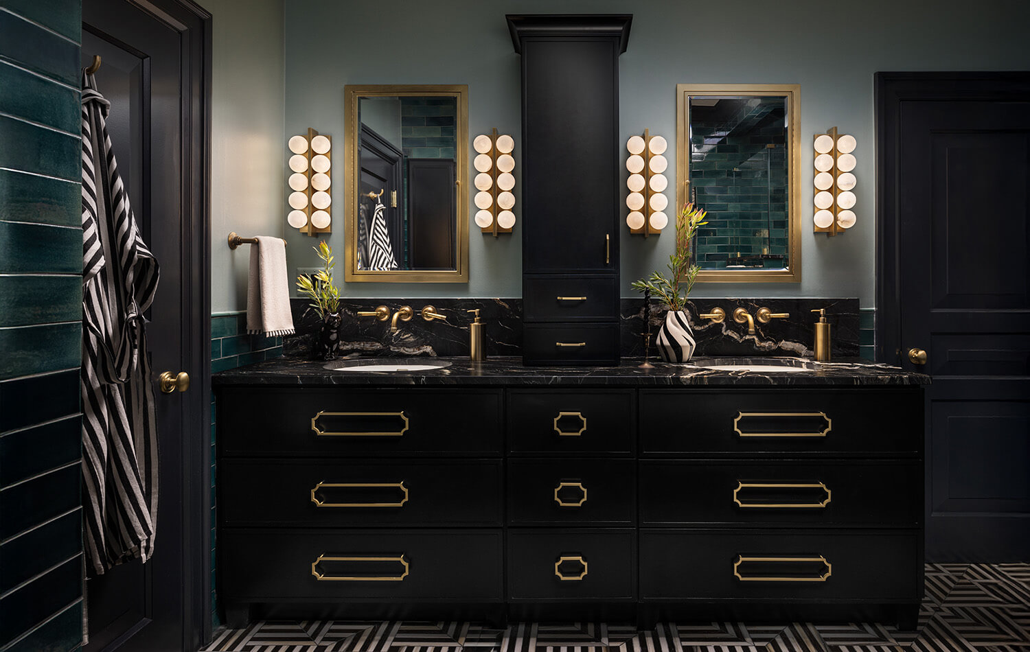 Black , teal, and gold moodiy bathroom desgin with a micro skinny shaker door style.