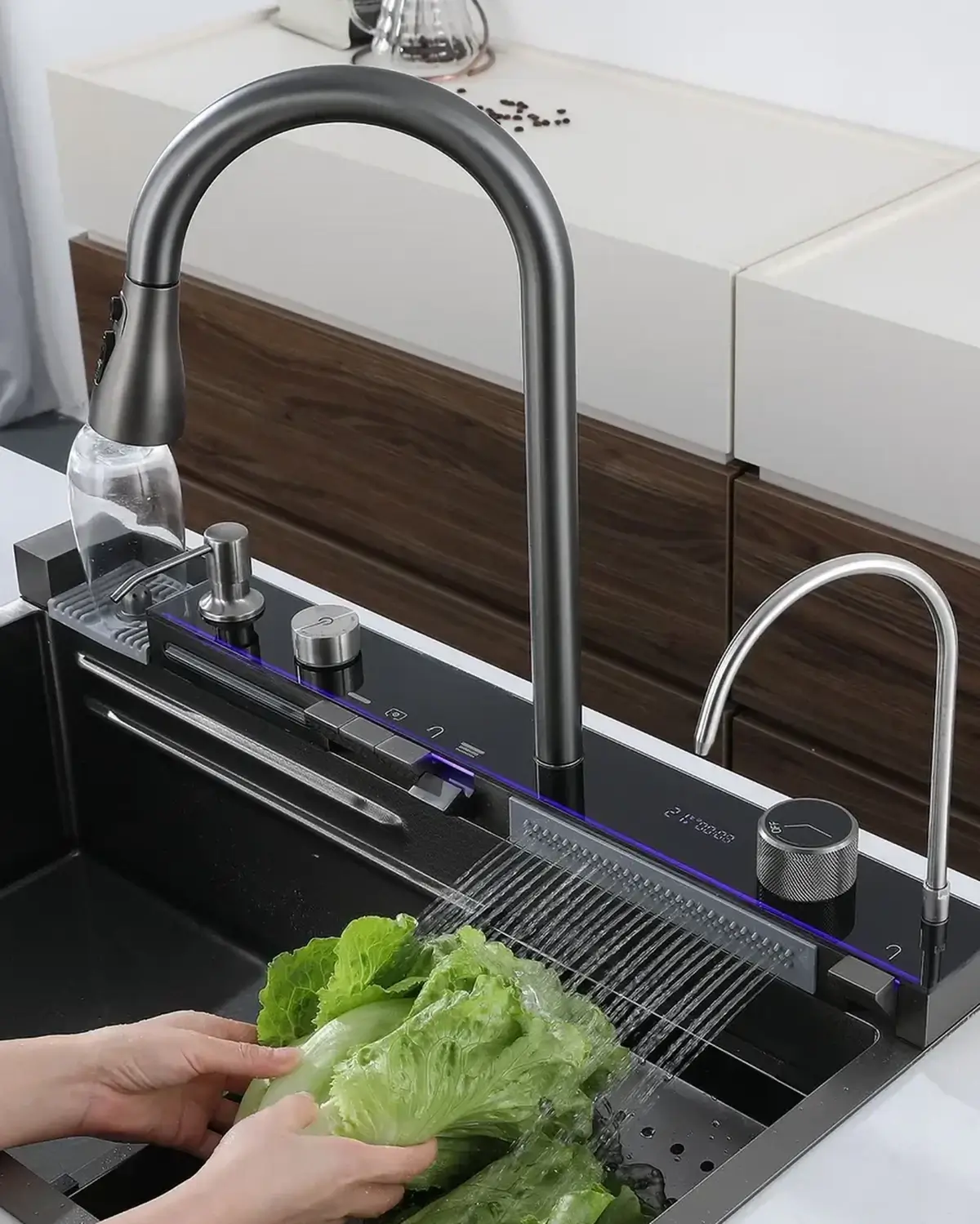 A waterfall kitchen sink is a great addition to a Biophilic kitchen design. This photo features Davor’s elegant Waterfall Kitchen Sink Faucet with Digital Temperature Display and LED Lighting (DKS23001) which provides a great tool for rinsing fresh herbs, veggies, and fruits as well as a handy option for watering house plants.